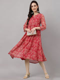 Janasya Dark Pink Chiffon Lurex Floral Printed Flared Kurta