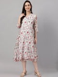Janasya Women's White Chiffon Lurex Floral Printed Flared Casual Dress