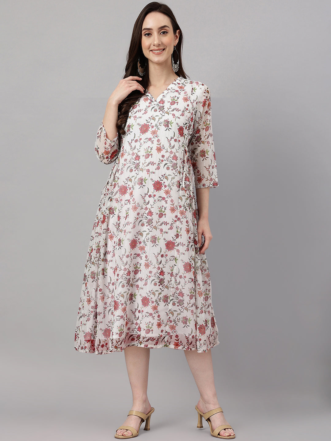 Janasya Women's White Chiffon Lurex Floral Printed Flared Casual Dress