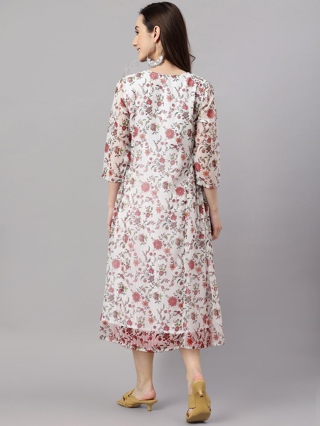 Janasya Women's White Chiffon Lurex Floral Printed Flared Casual Dress