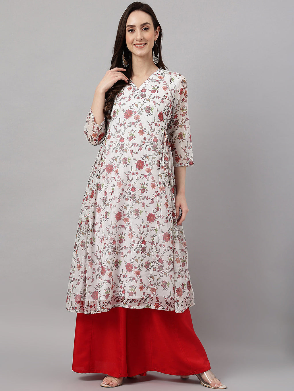 Janasya Women's White Chiffon Lurex Floral Printed Casual flared Kurta