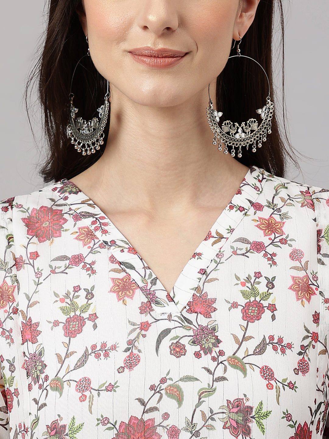 Janasya Women's White Chiffon Lurex Floral Printed Flared Casual Dress