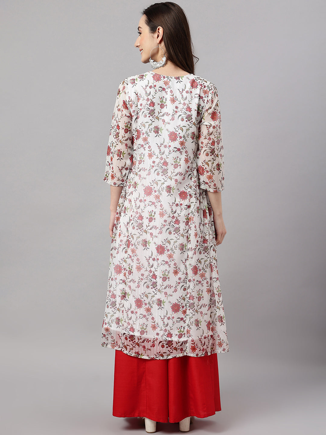 Janasya Women's White Chiffon Lurex Floral Printed Casual flared Kurta