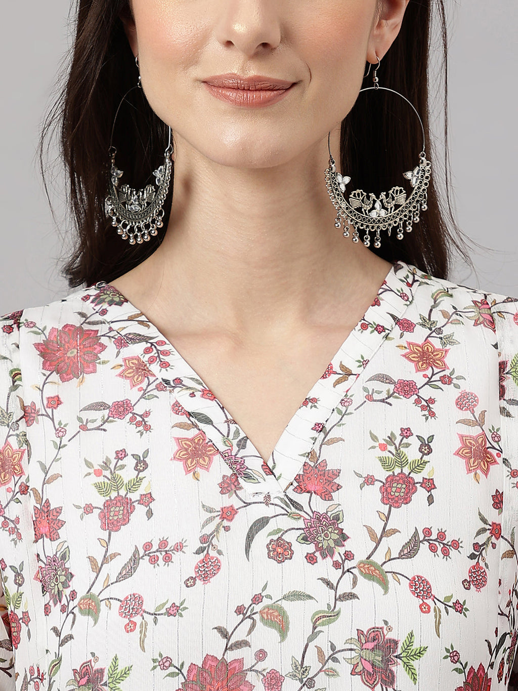 Janasya Women's White Chiffon Lurex Floral Printed Casual flared Kurta