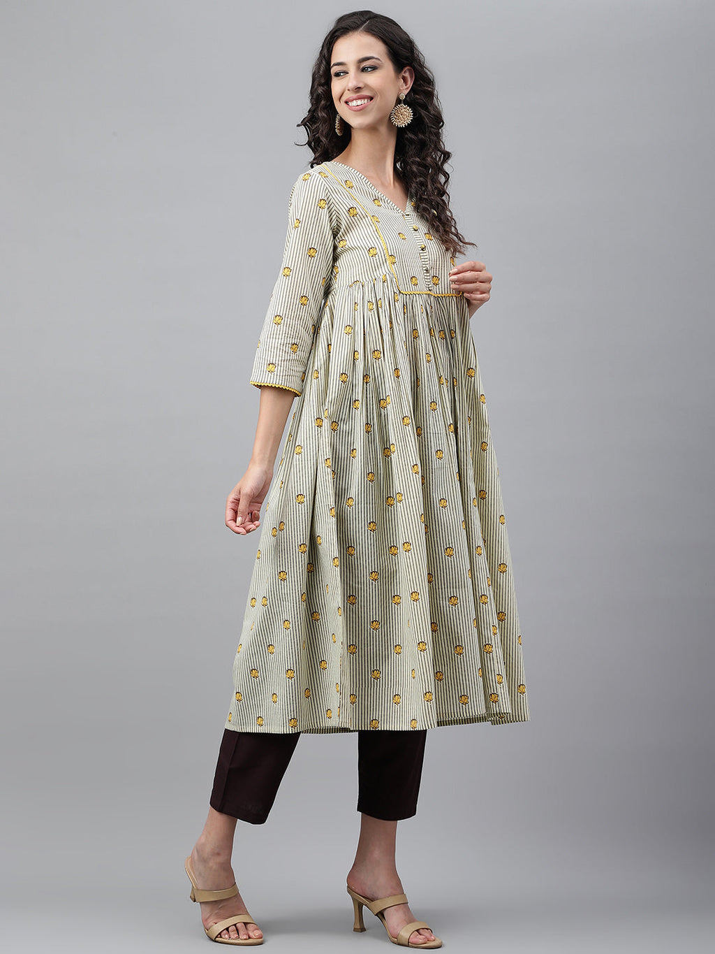 Janasya Women's Light Yellow Cotton Floral Printed Party Flared Kurta