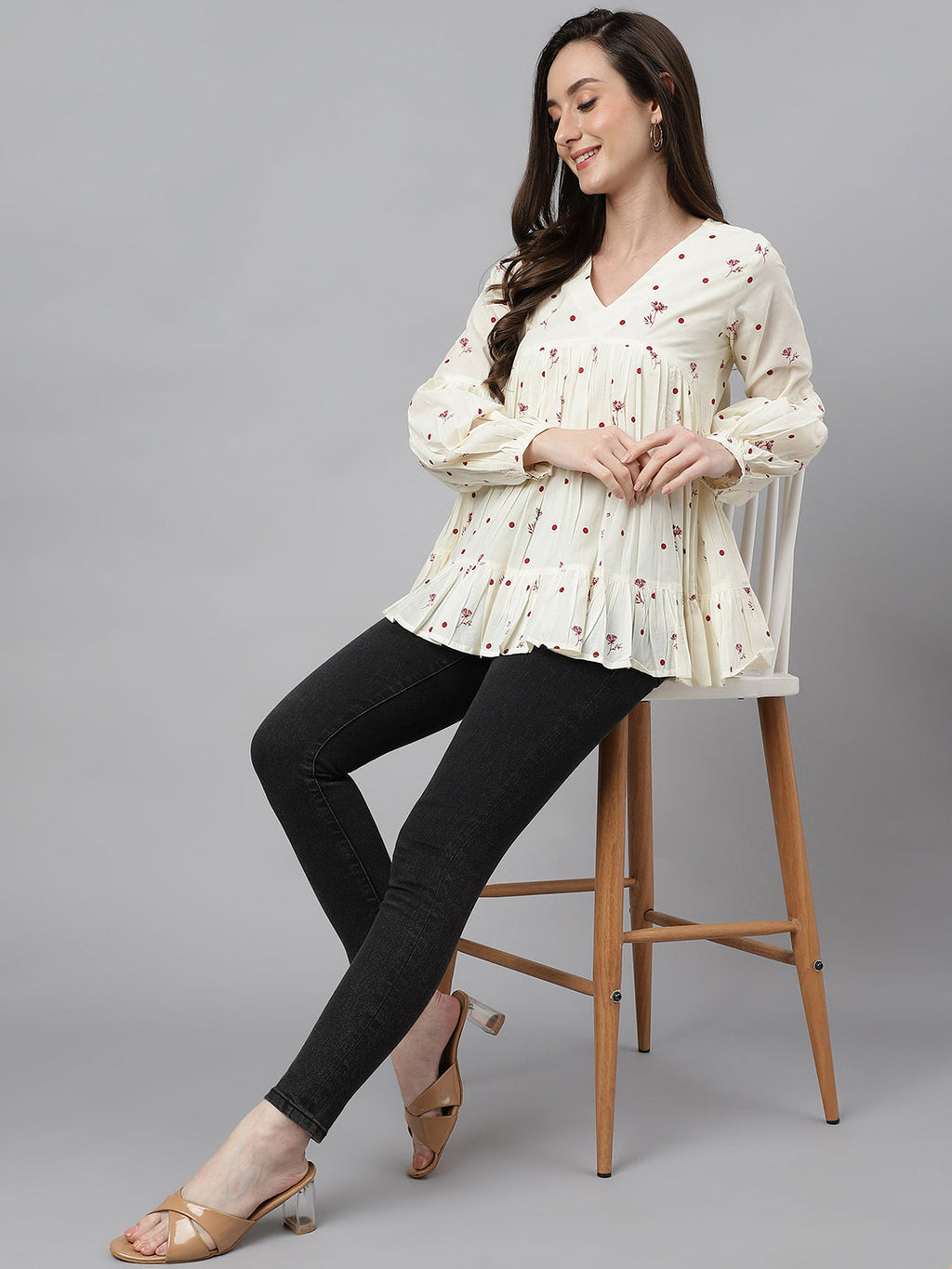 Janasya Women's Off White Cambric Cotton Floral Print Gathered Top