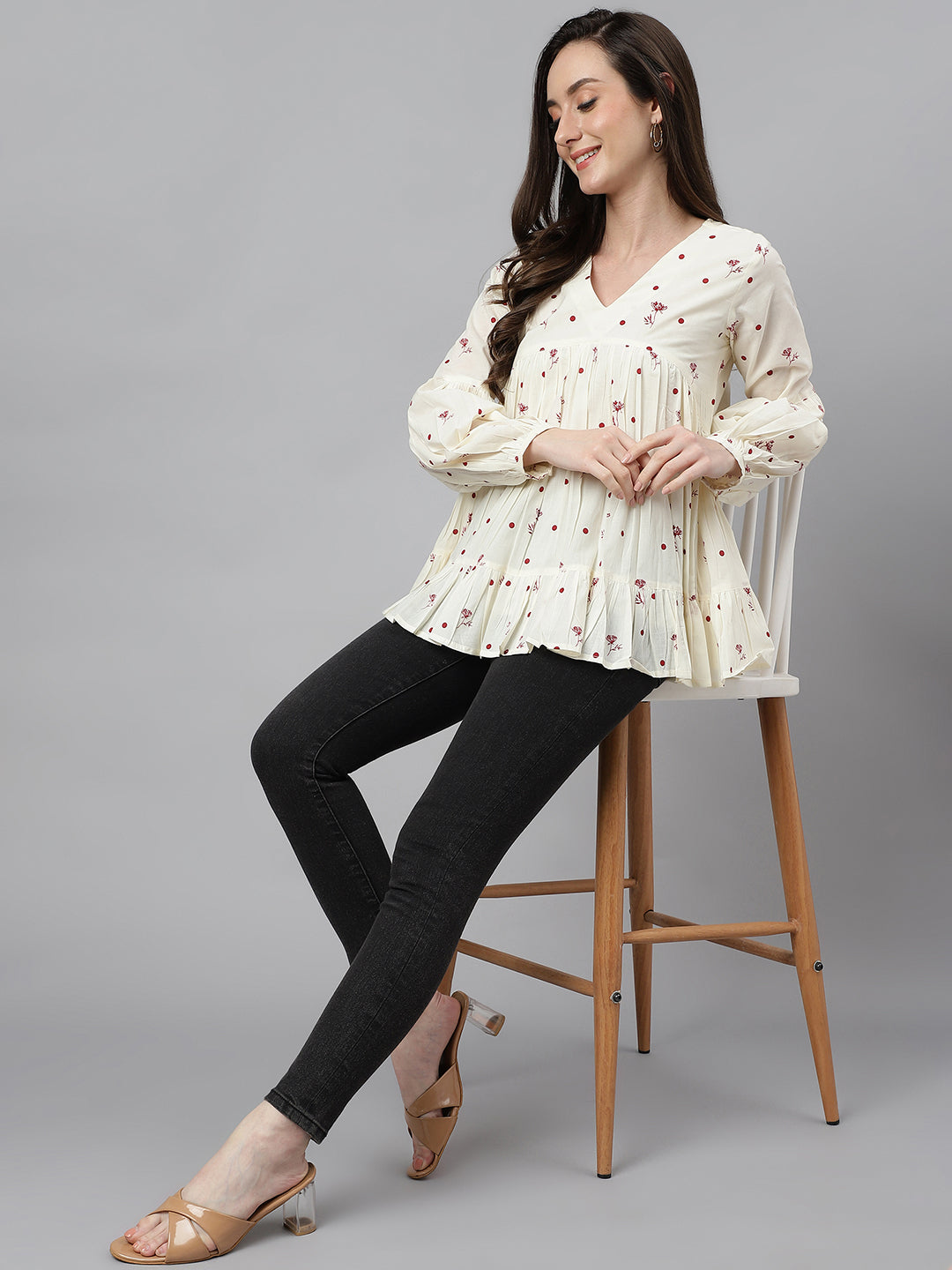 Janasya Women's Off White Cambric Cotton Floral Print Gathered Top