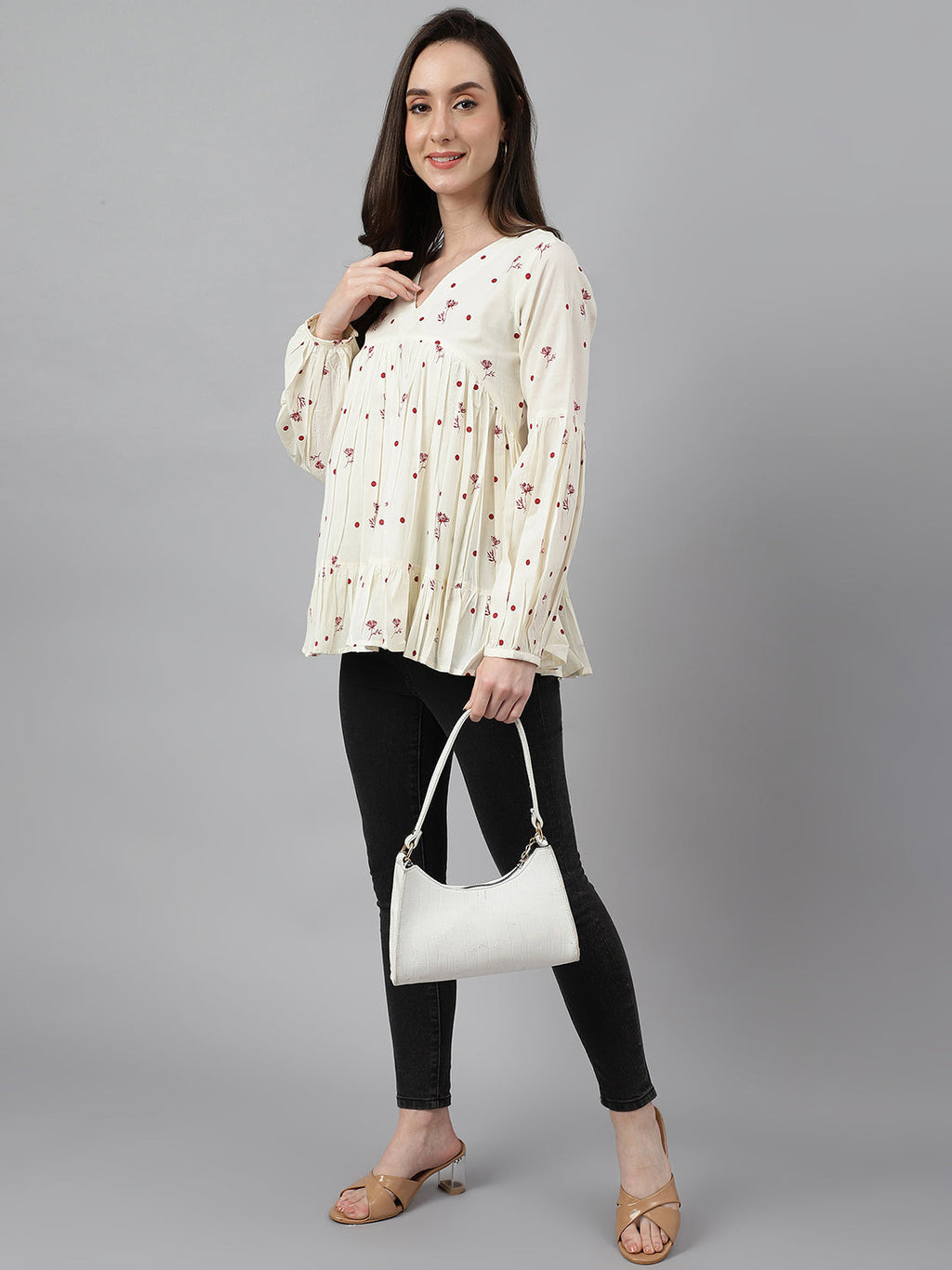 Janasya Women's Off White Cambric Cotton Floral Print Gathered Top