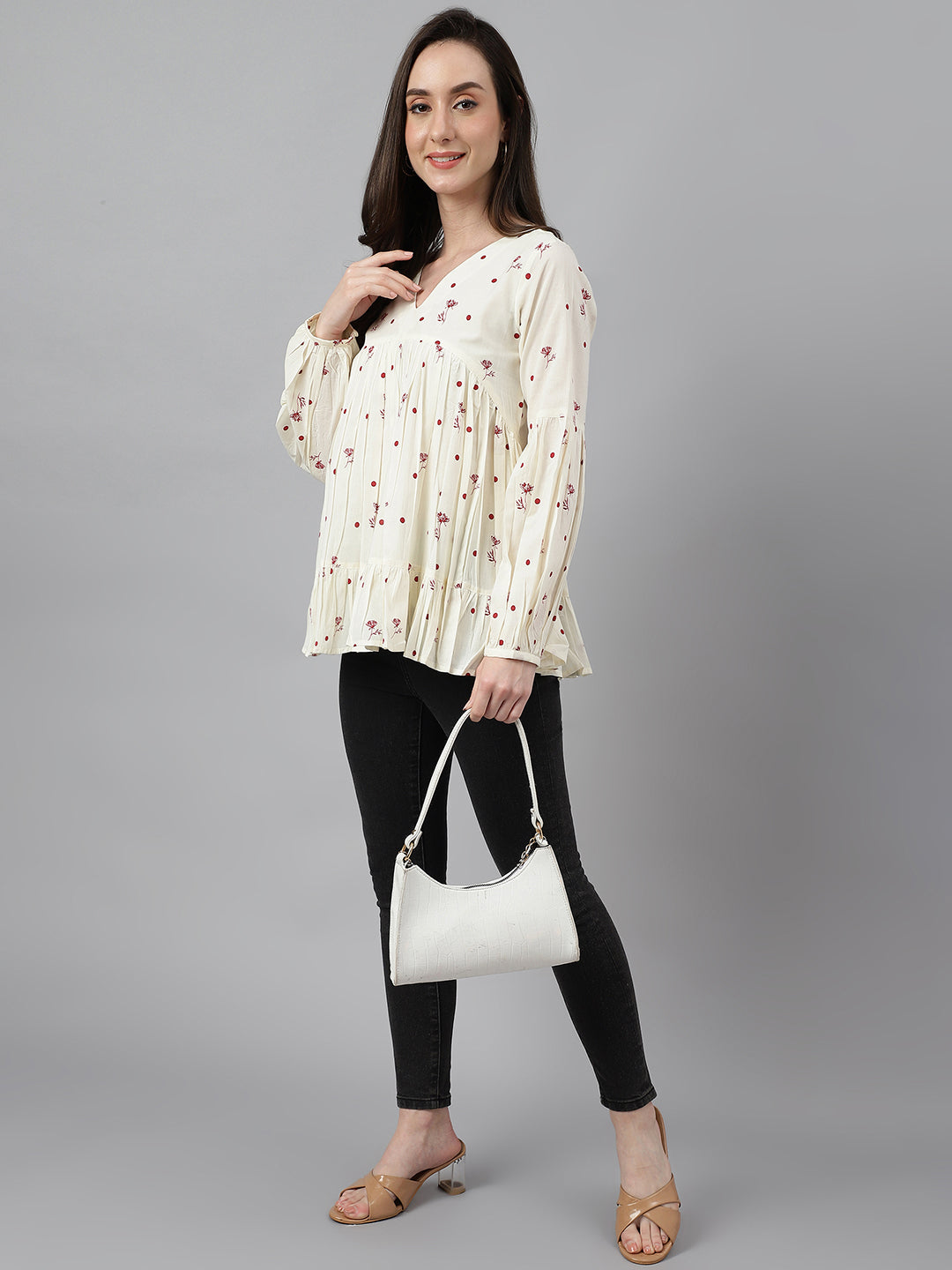 Janasya Women's Off White Cambric Cotton Floral Print Gathered Top
