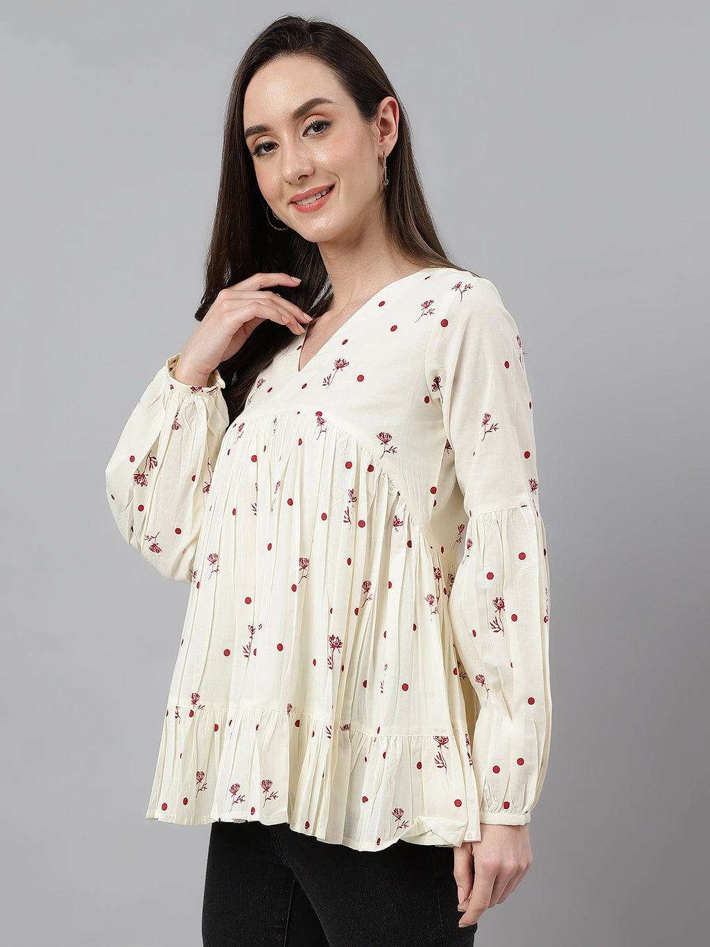 Janasya Women's Off White Cambric Cotton Floral Print Gathered Top