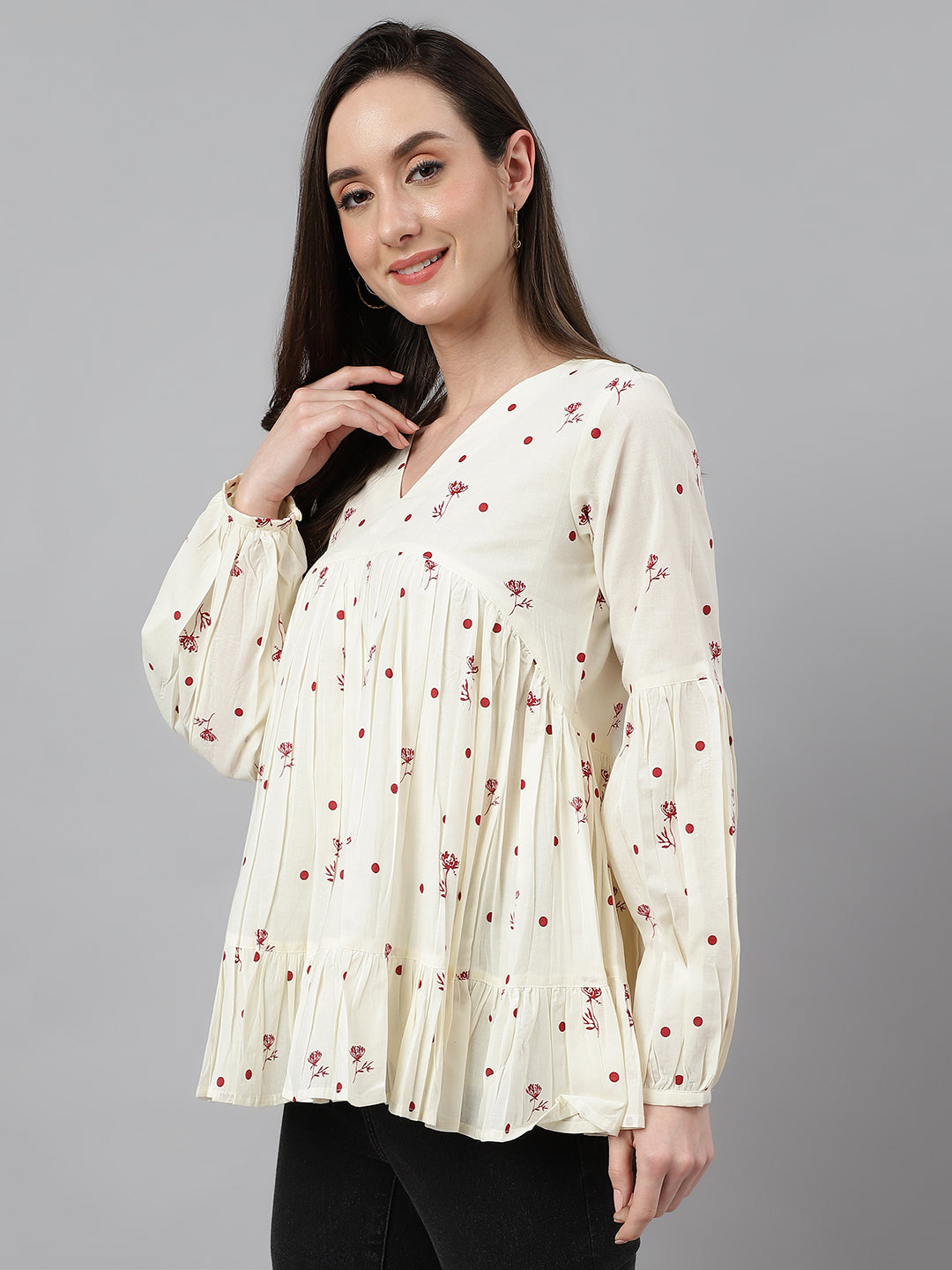 Janasya Women's Off White Cambric Cotton Floral Print Gathered Top