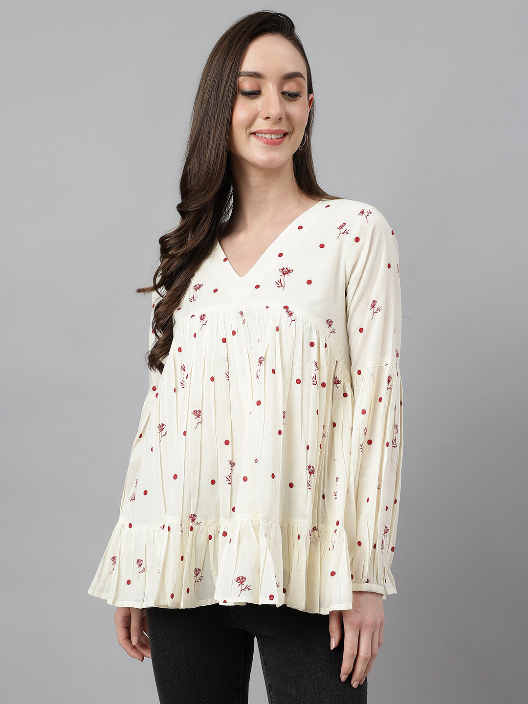 Janasya Women's Off White Cambric Cotton Floral Print Gathered Top
