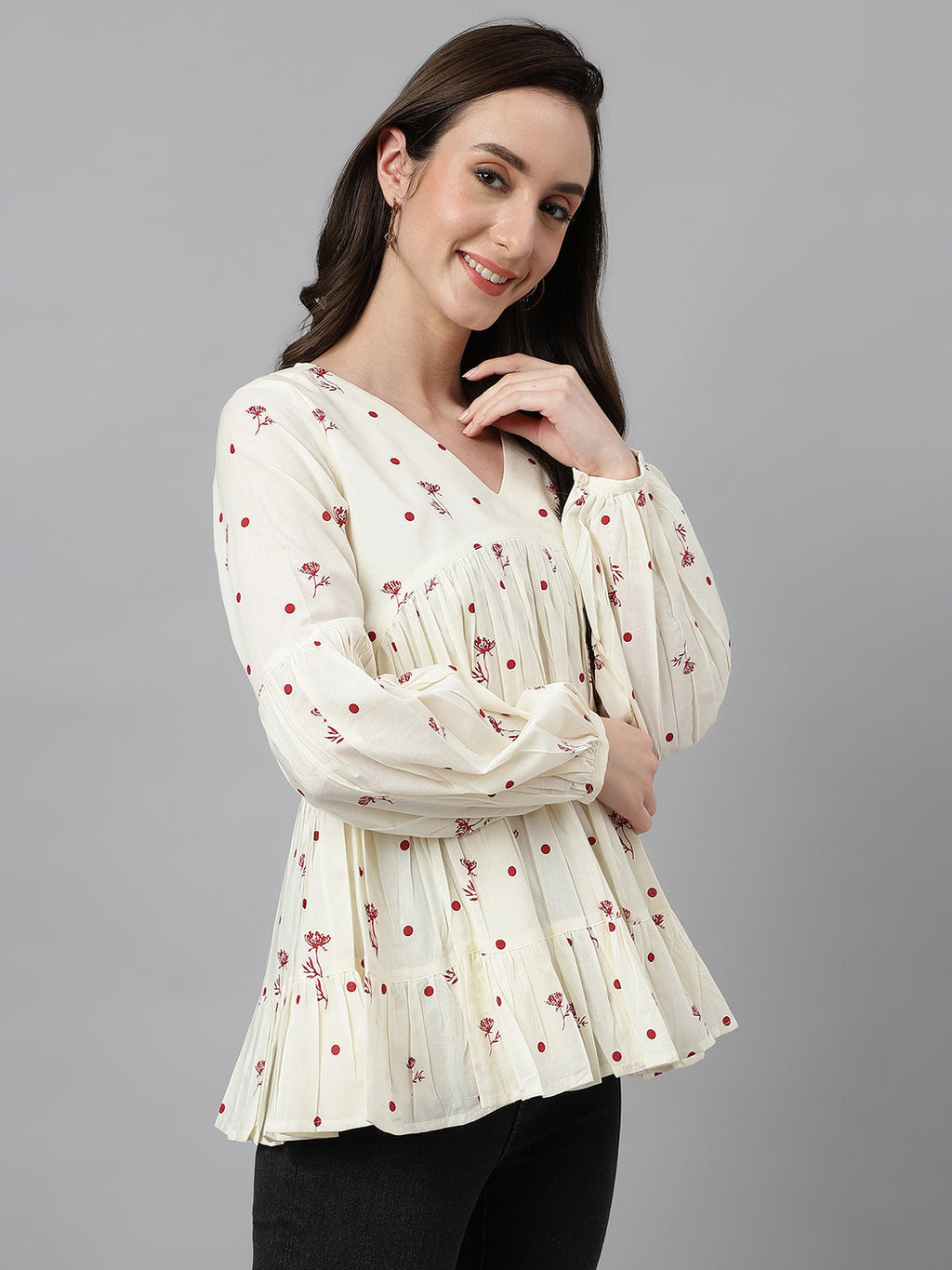 Janasya Women's Off White Cambric Cotton Floral Print Gathered Top