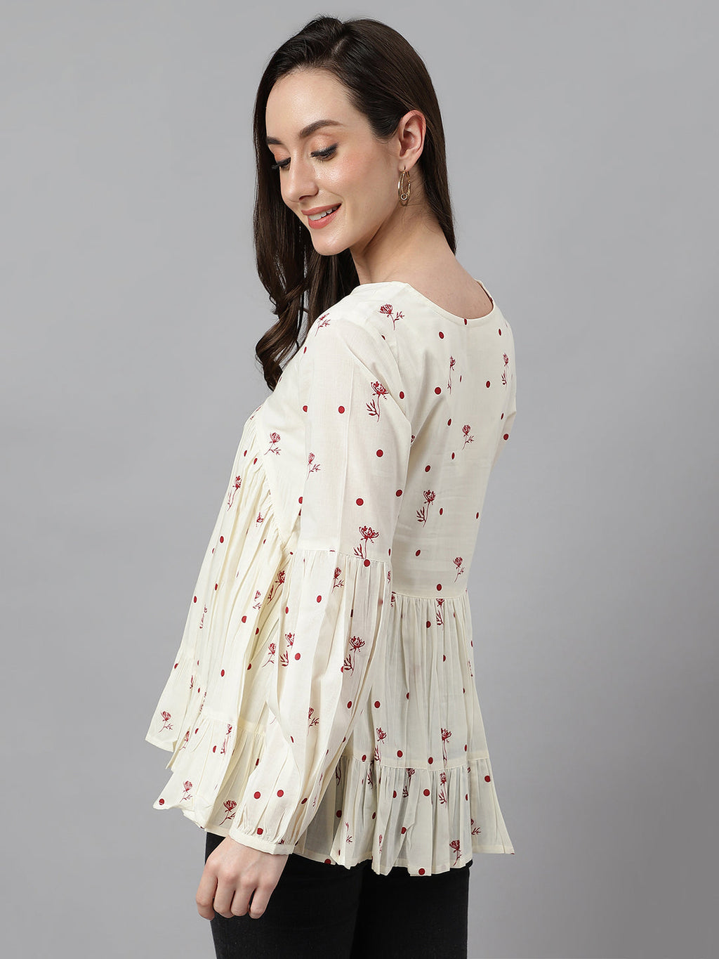 Janasya Women's Off White Cambric Cotton Floral Print Gathered Top