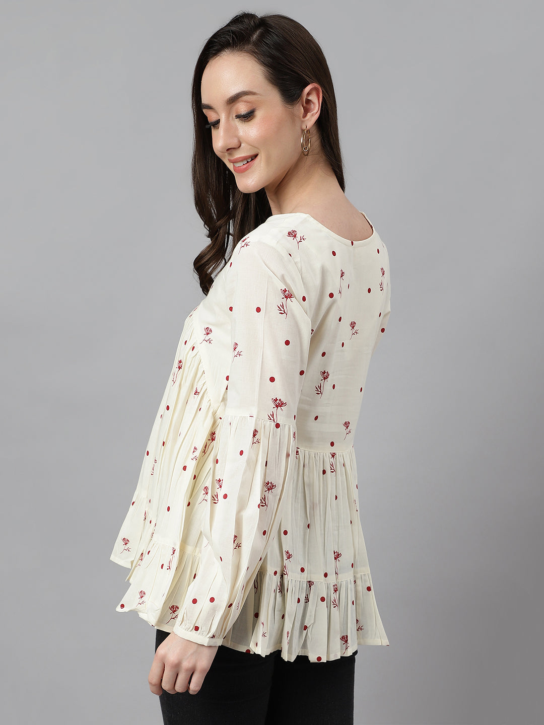 Janasya Women's Off White Cambric Cotton Floral Print Gathered Top