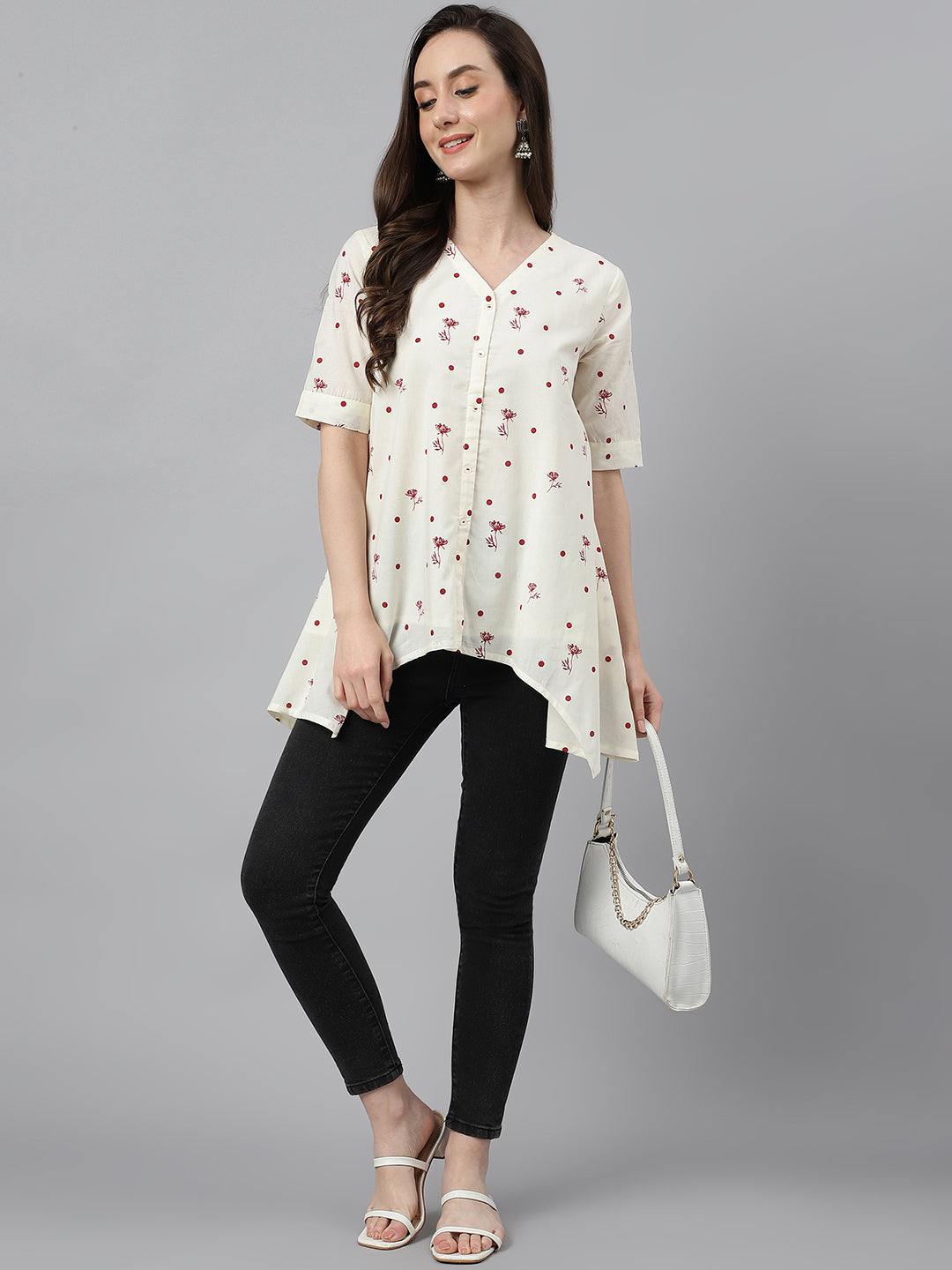 Janasya Women's Off White Cambric Cotton Botanical Print Asymmetric Top