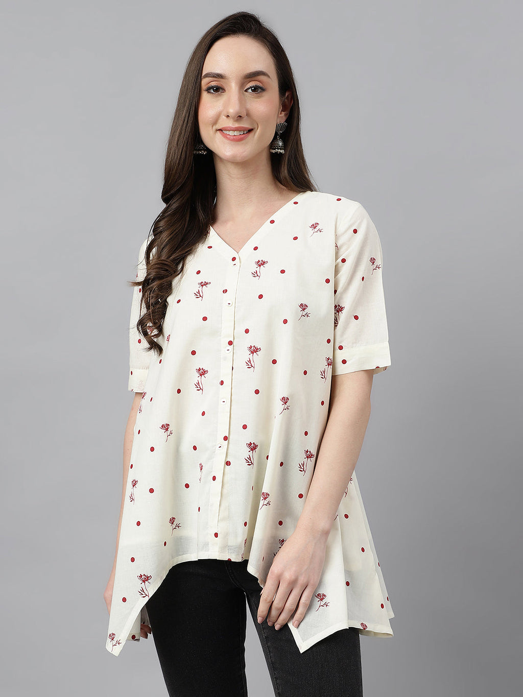 Janasya Women's Off White Cambric Cotton Botanical Print Asymmetric Top