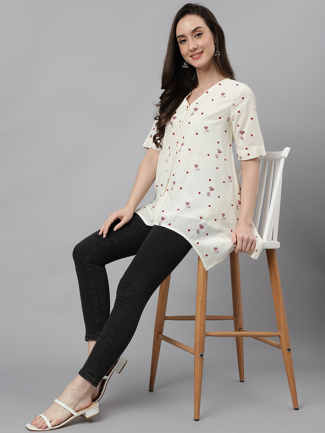 Janasya Women's Off White Cambric Cotton Botanical Print Asymmetric Top
