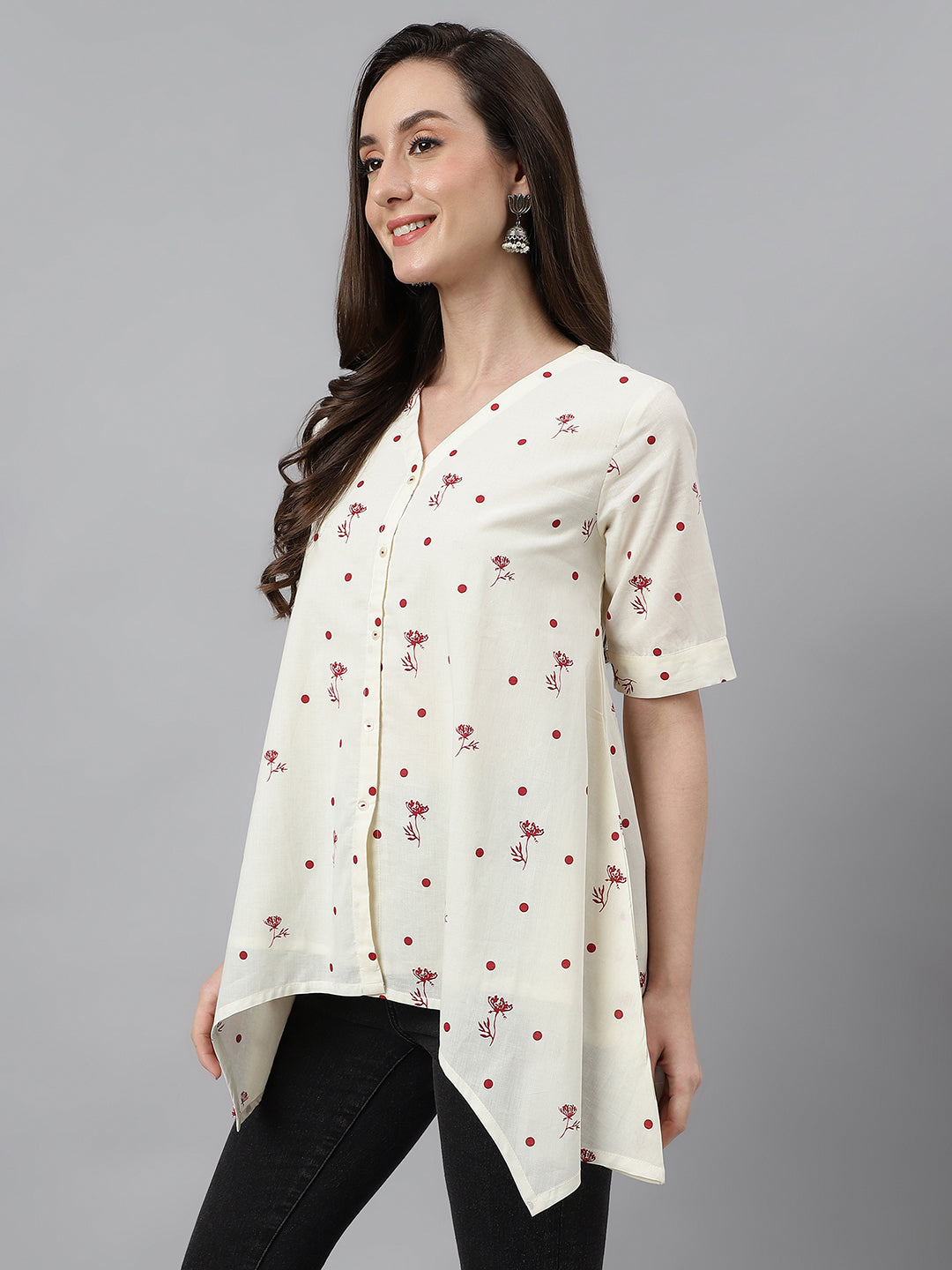 Janasya Women's Off White Cambric Cotton Botanical Print Asymmetric Top