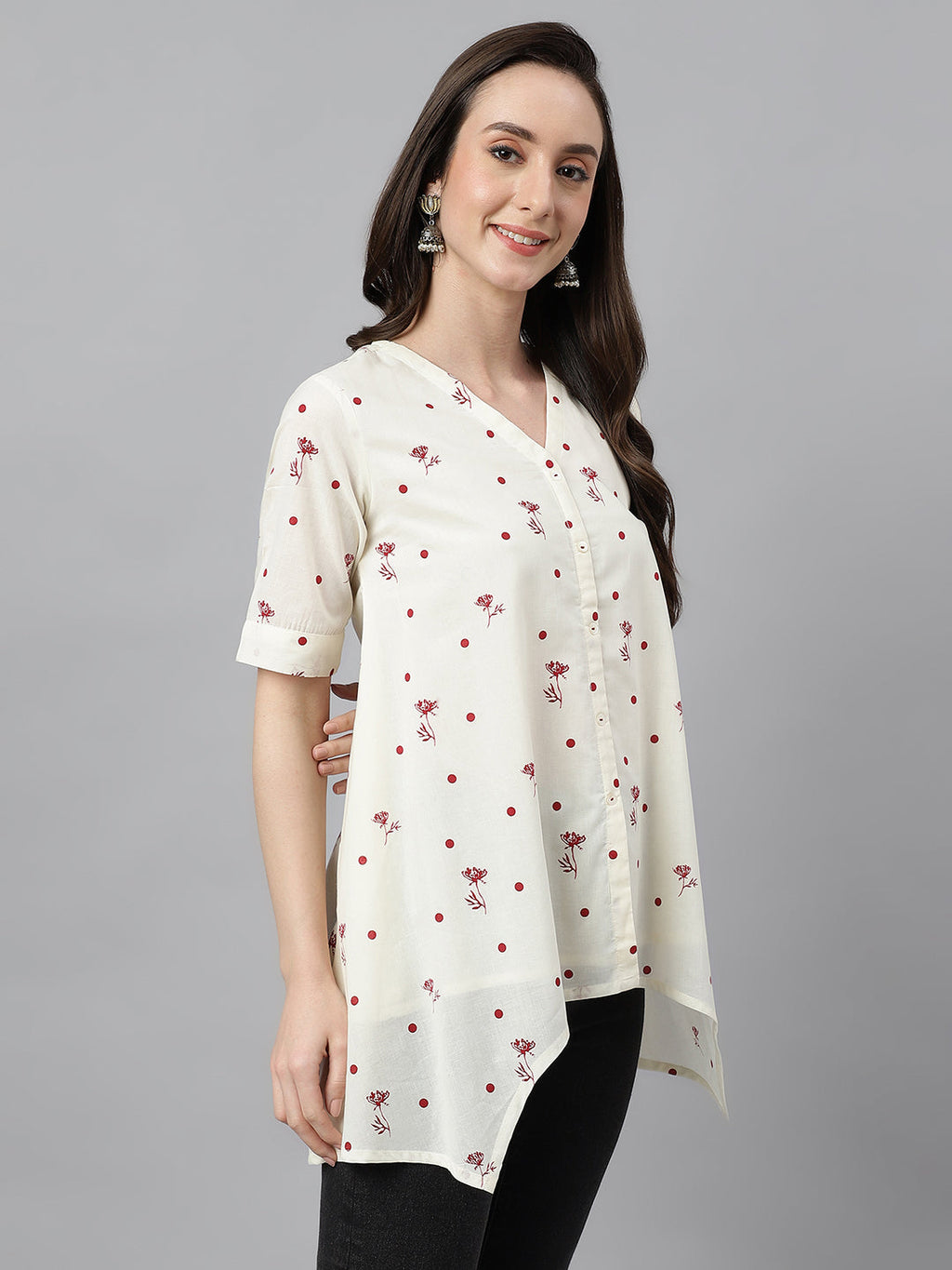 Janasya Women's Off White Cambric Cotton Botanical Print Asymmetric Top