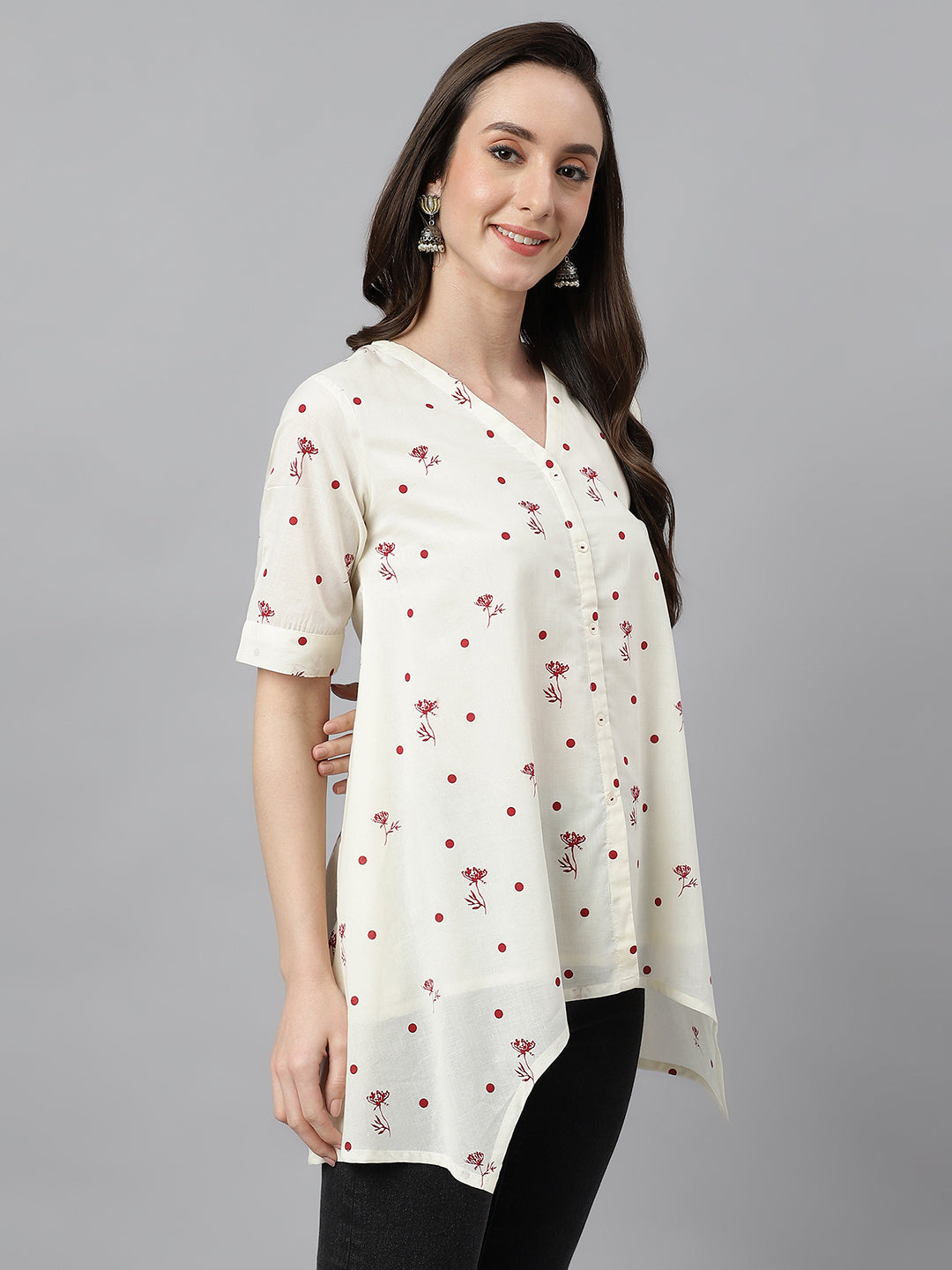 Janasya Women's Off White Cambric Cotton Botanical Print Asymmetric Top