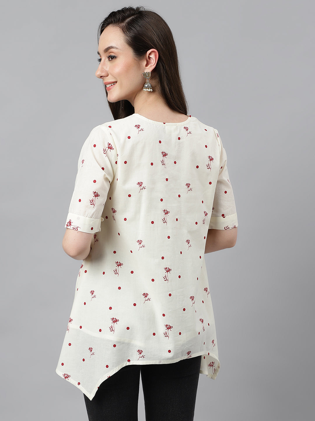Janasya Women's Off White Cambric Cotton Botanical Print Asymmetric Top