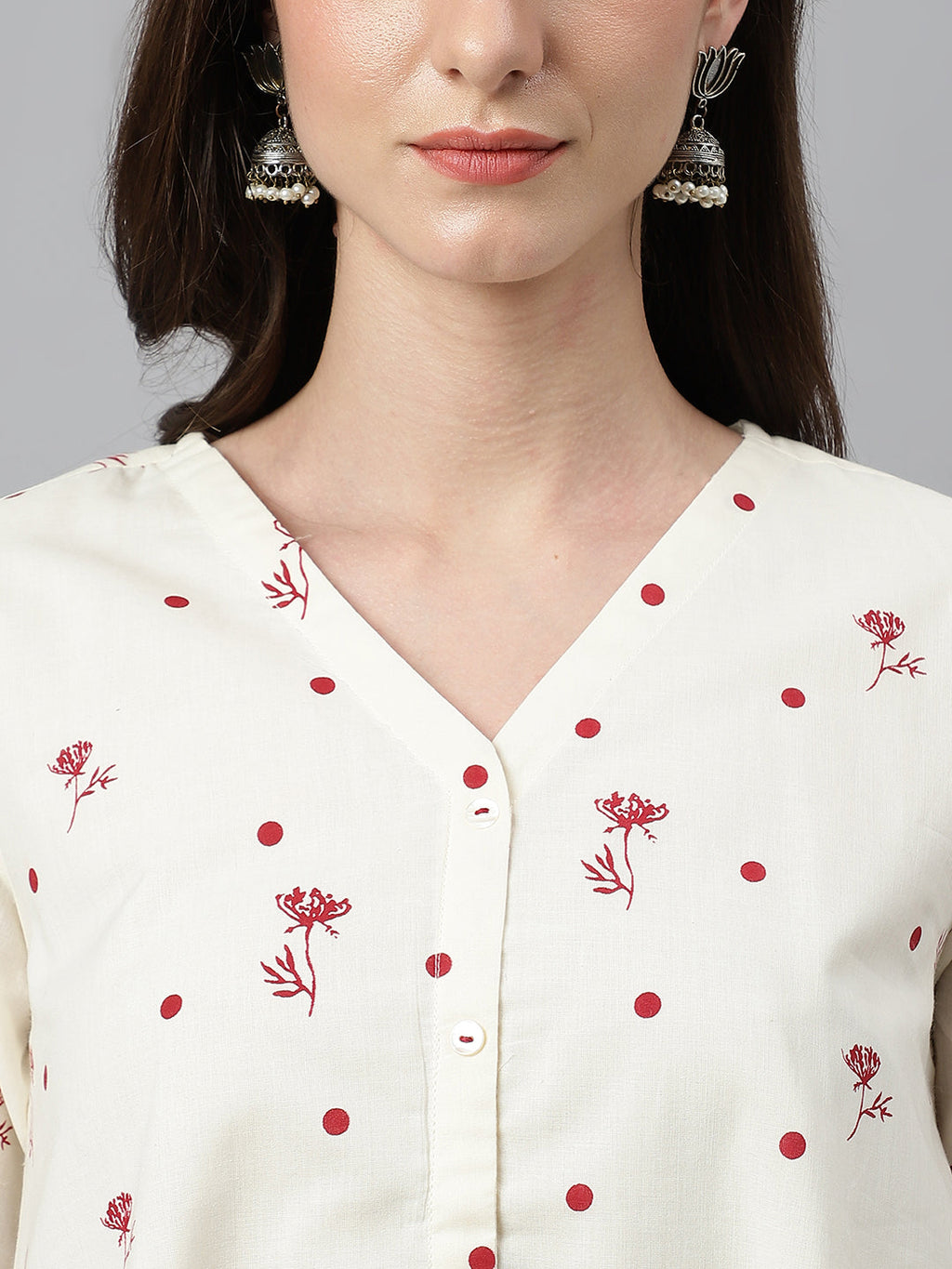 Janasya Women's Off White Cambric Cotton Botanical Print Asymmetric Top