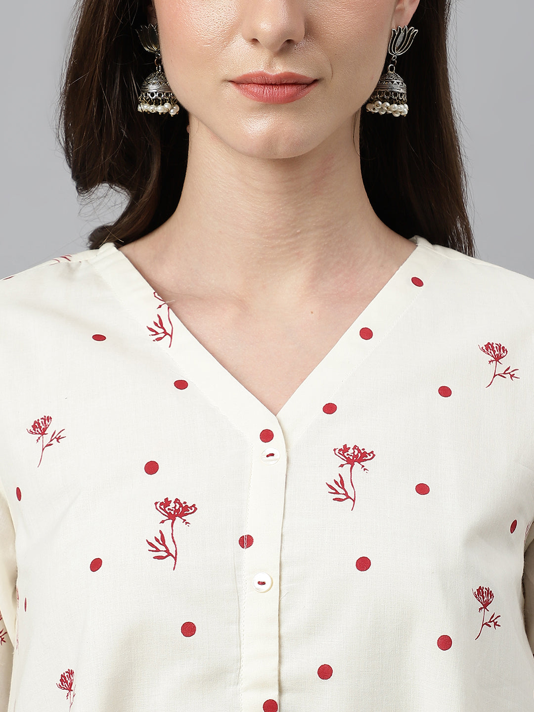 Janasya Women's Off White Cambric Cotton Botanical Print Asymmetric Top