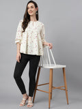 Janasya Women's Off White Cambric Cotton Botanical Print Flared Top