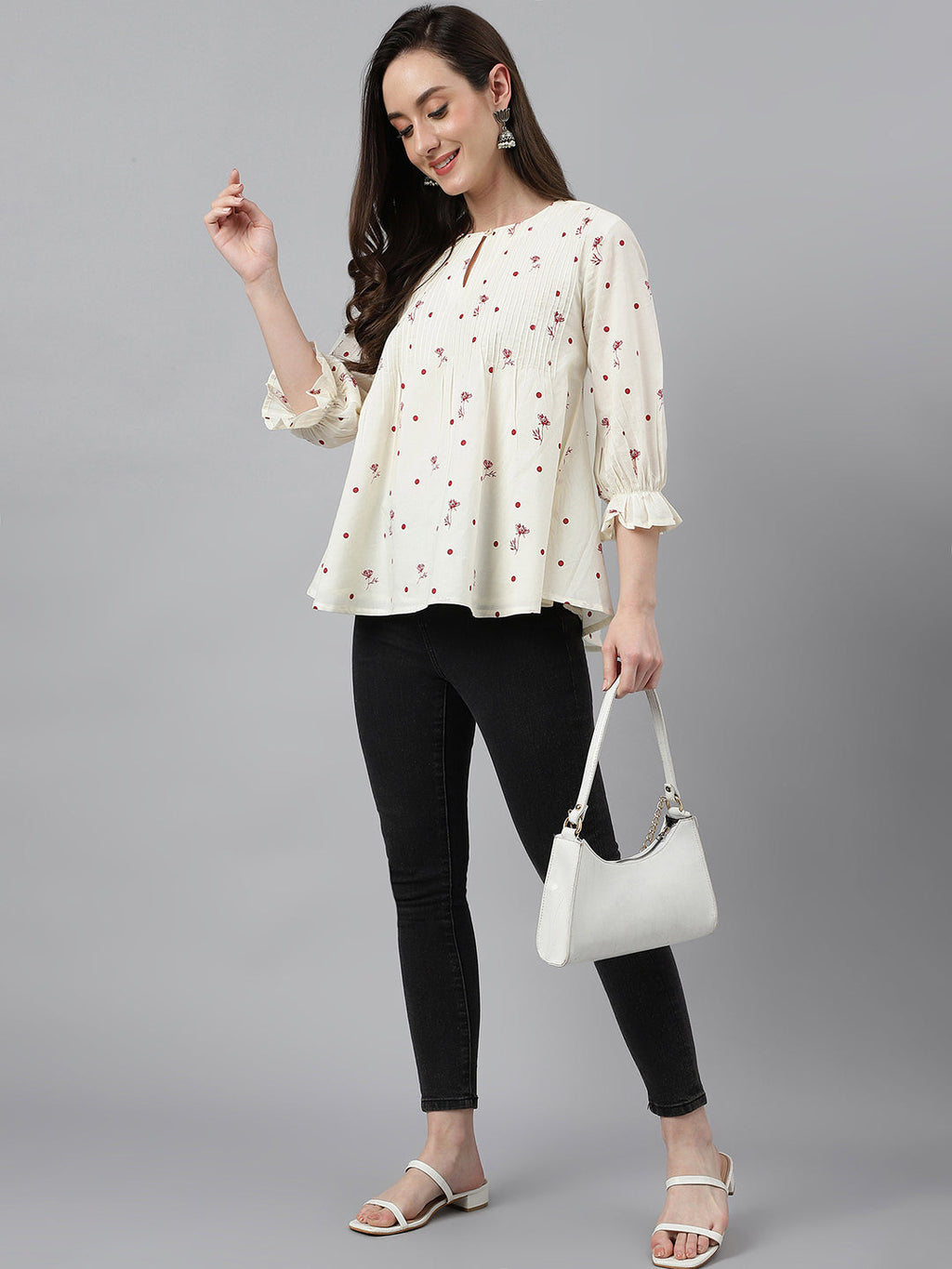 Janasya Women's Off White Cambric Cotton Botanical Print Flared Top