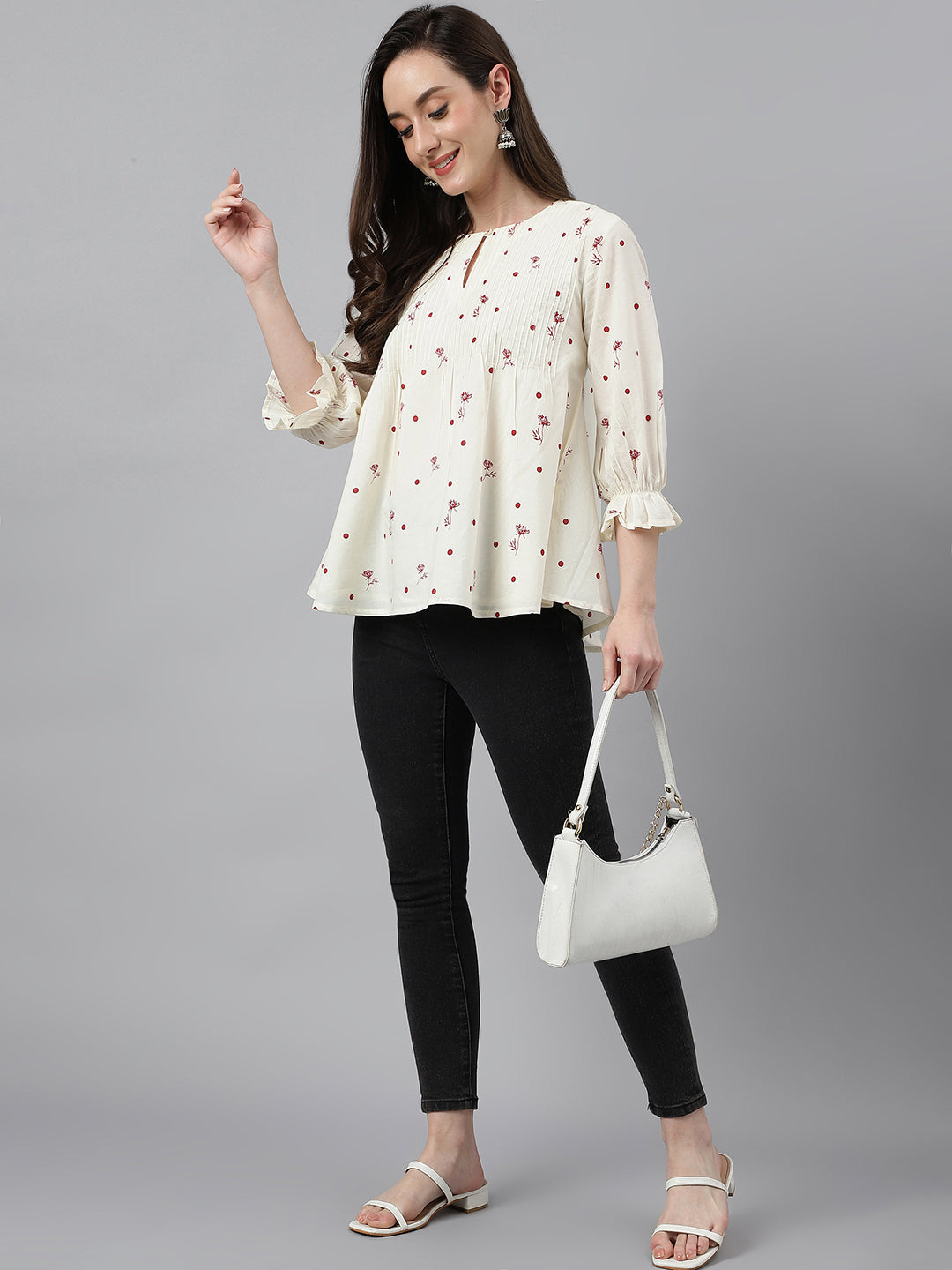 Janasya Women's Off White Cambric Cotton Botanical Print Flared Top