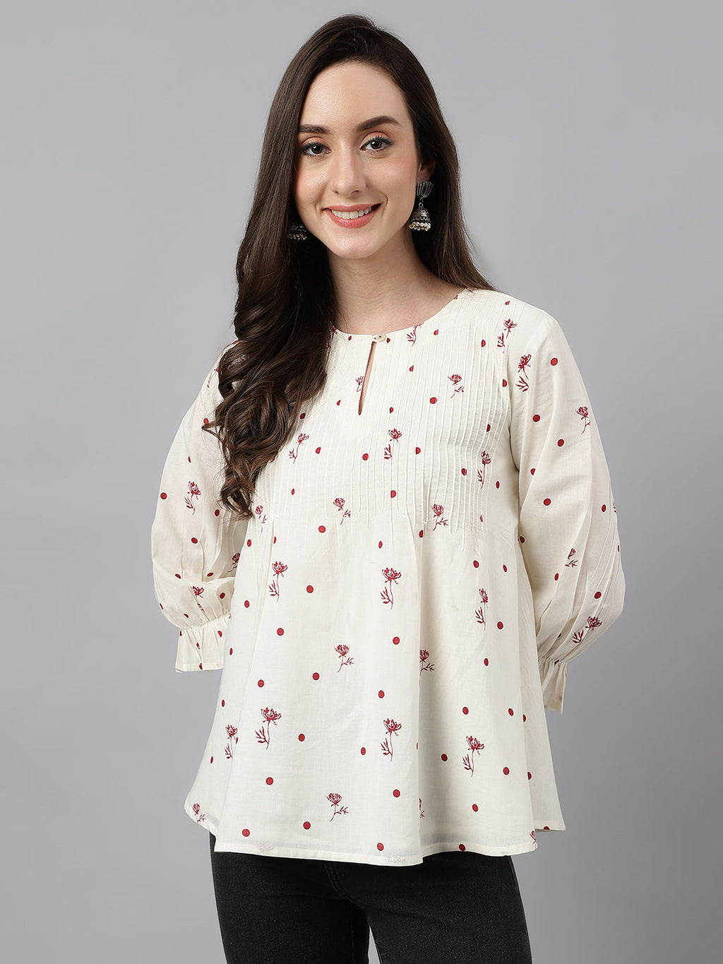Janasya Women's Off White Cambric Cotton Botanical Print Flared Top