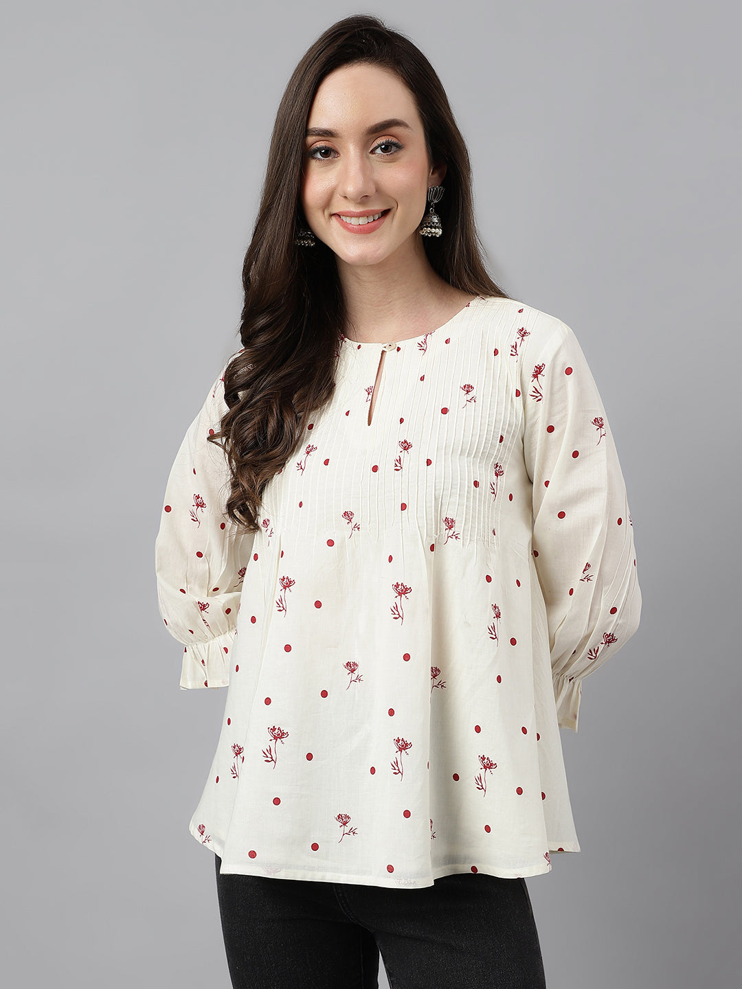 Janasya Women's Off White Cambric Cotton Botanical Print Flared Top