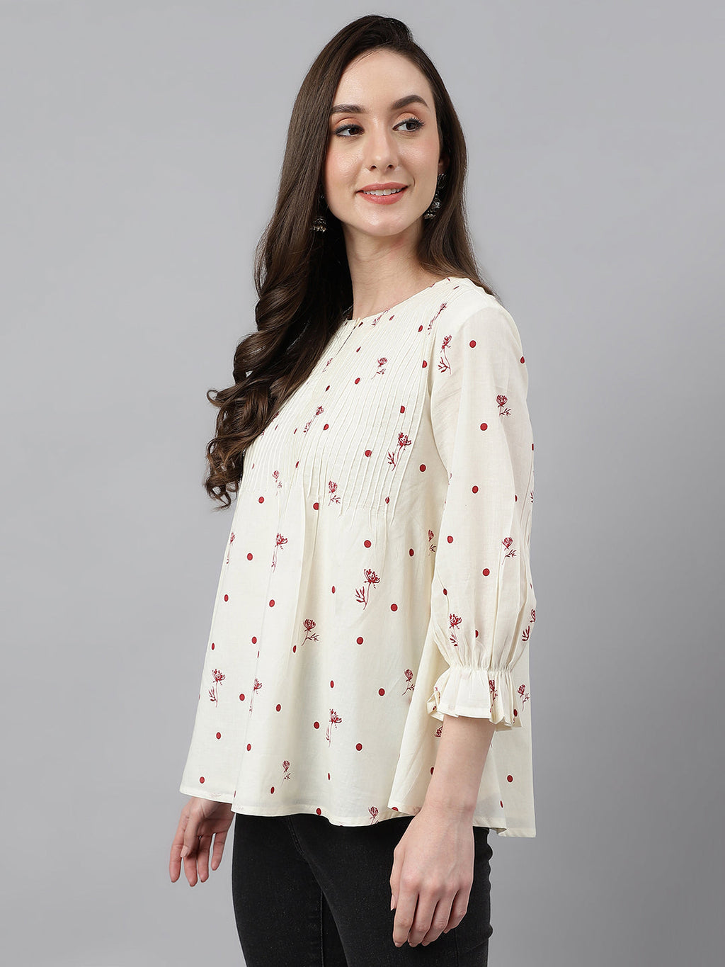 Janasya Women's Off White Cambric Cotton Botanical Print Flared Top