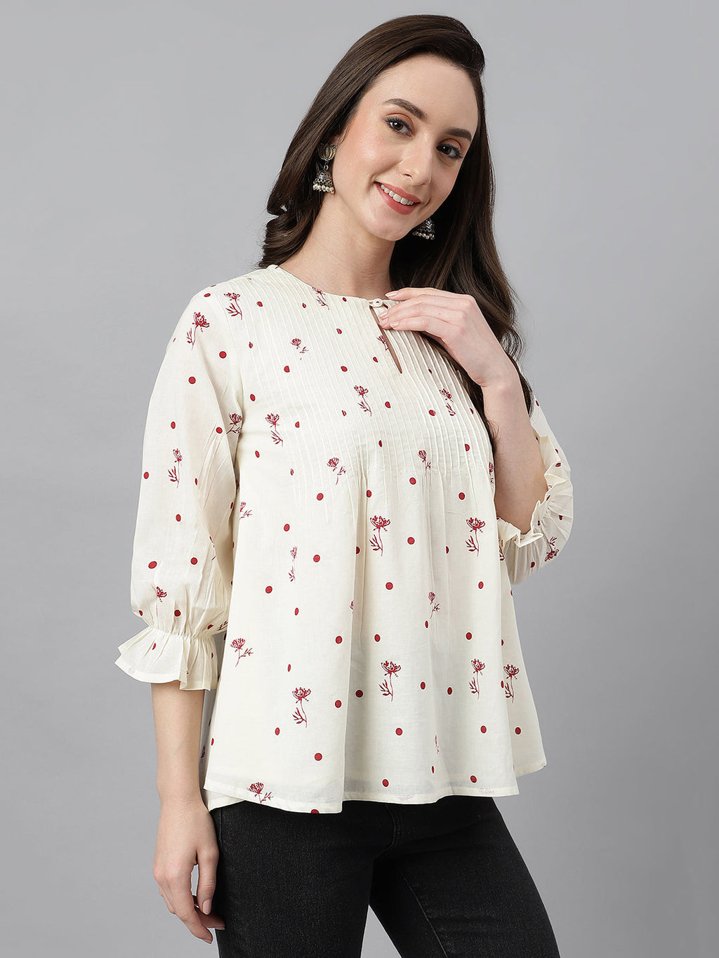 Janasya Women's Off White Cambric Cotton Botanical Print Flared Top