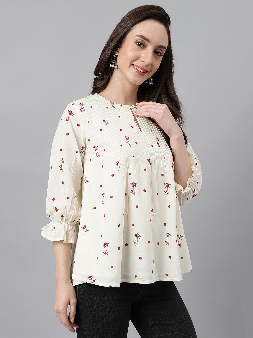 Janasya Women's Off White Cambric Cotton Botanical Print Flared Top
