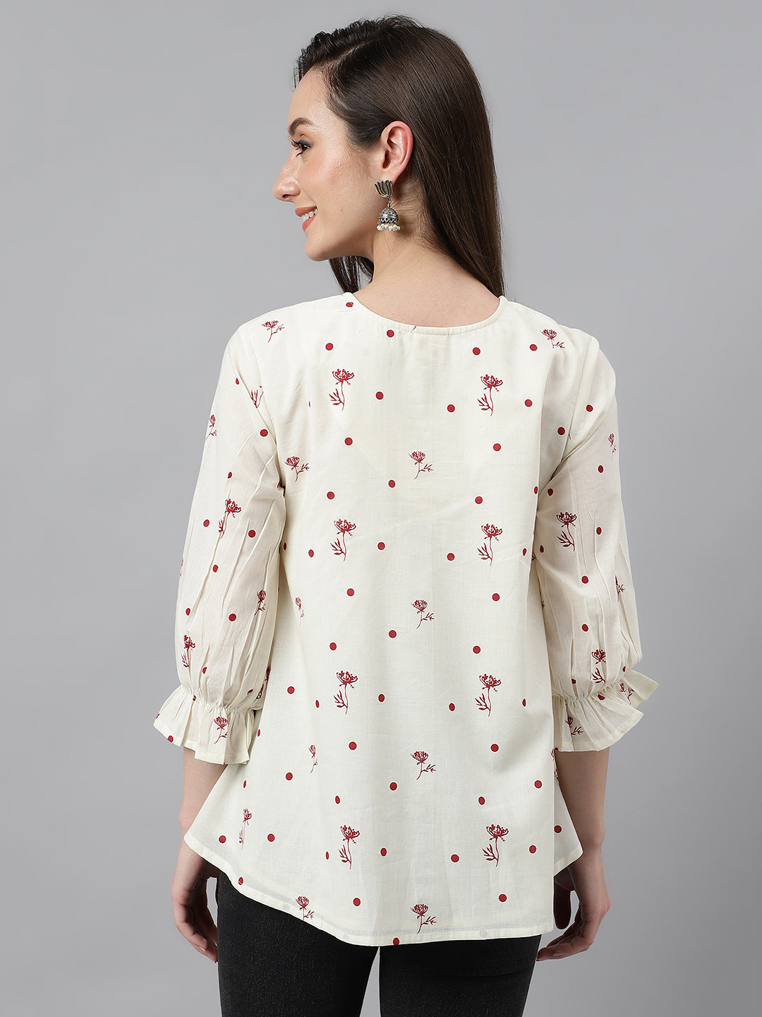 Janasya Women's Off White Cambric Cotton Botanical Print Flared Top