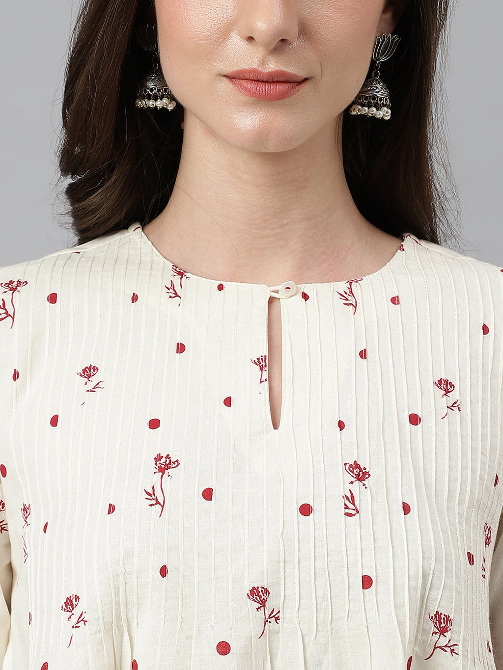 Janasya Women's Off White Cambric Cotton Botanical Print Flared Top