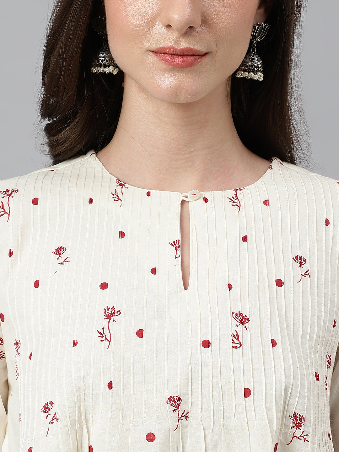 Janasya Women's Off White Cambric Cotton Botanical Print Flared Top