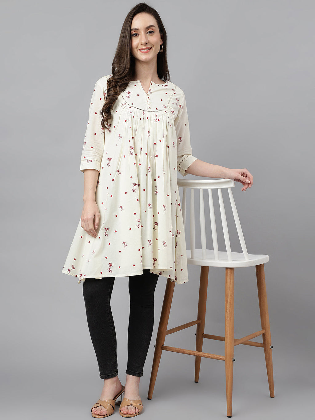 Janasya Women's Off White Cambric Cotton Botanical Print Flared Tunic