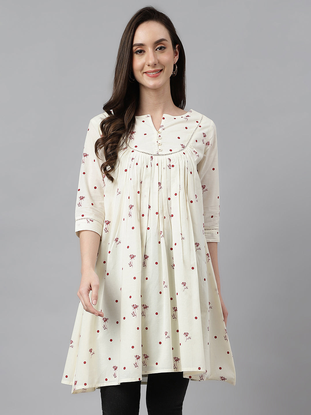 Janasya Women's Off White Cambric Cotton Botanical Print Flared Tunic