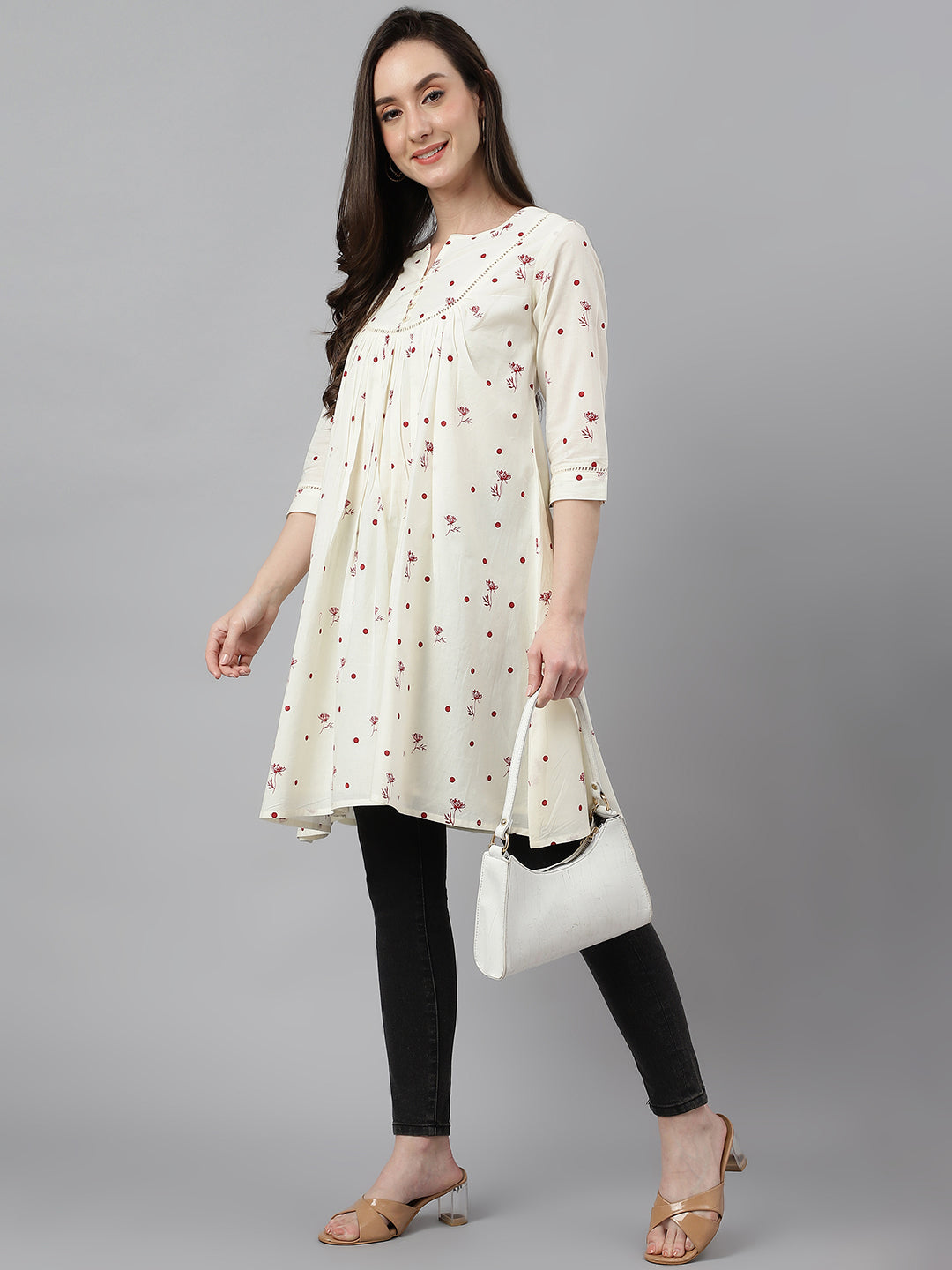 Janasya Women's Off White Cambric Cotton Botanical Print Flared Tunic