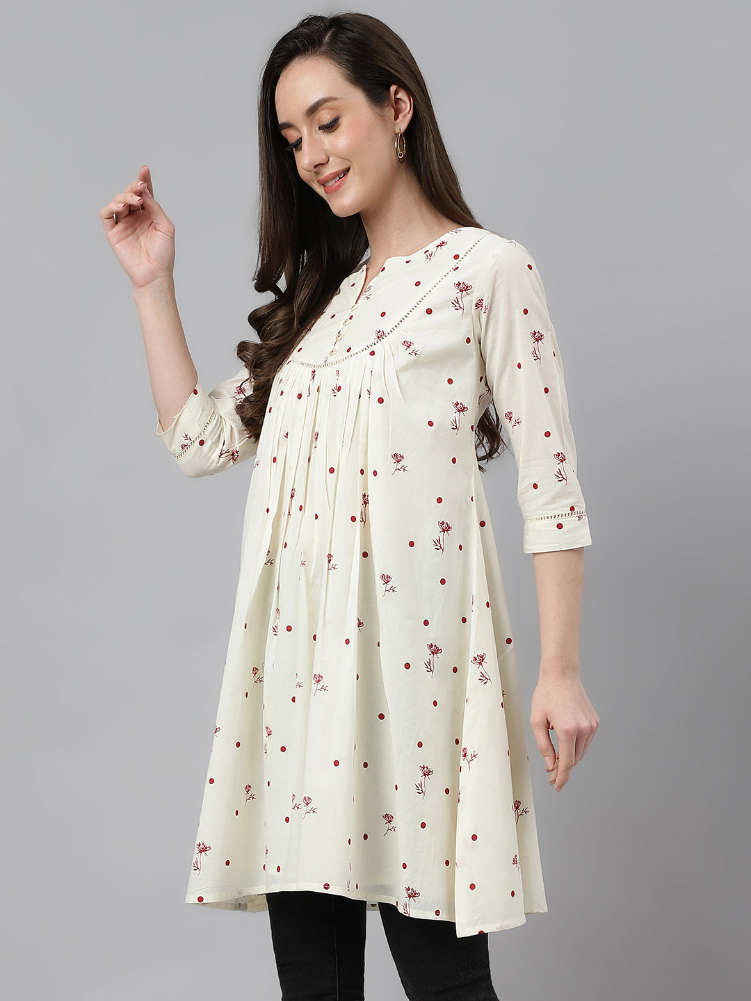 Janasya Women's Off White Cambric Cotton Botanical Print Flared Tunic