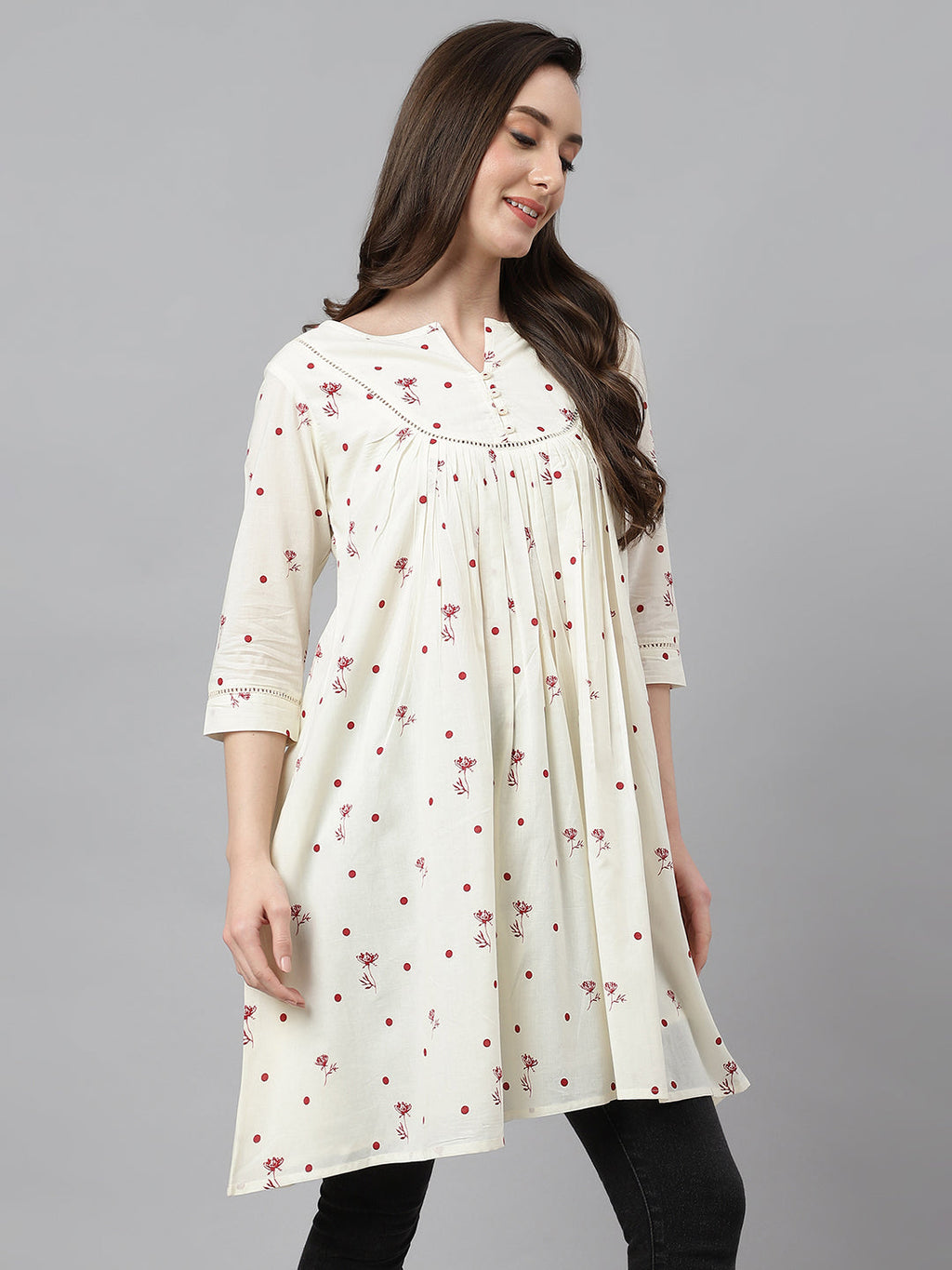 Janasya Women's Off White Cambric Cotton Botanical Print Flared Tunic