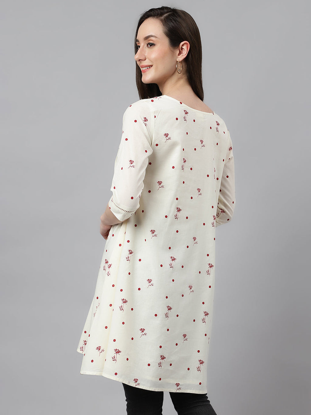 Janasya Women's Off White Cambric Cotton Botanical Print Flared Tunic