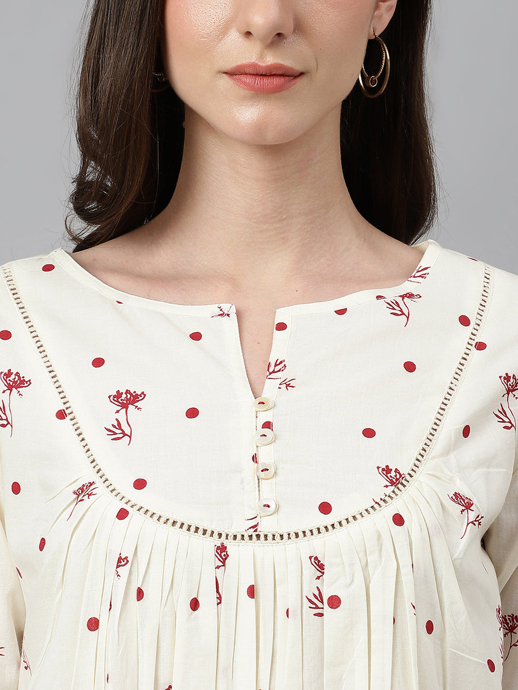 Janasya Women's Off White Cambric Cotton Botanical Print Flared Tunic