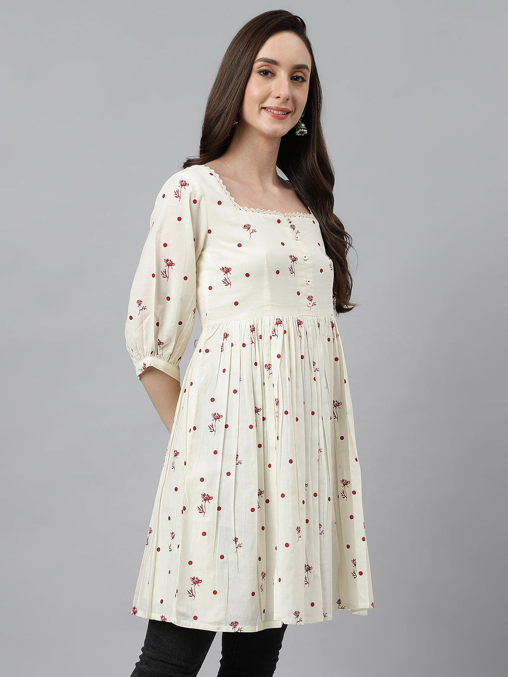 Janasya Women's Off White Cambric Cotton Botanical Print Flared Tunic