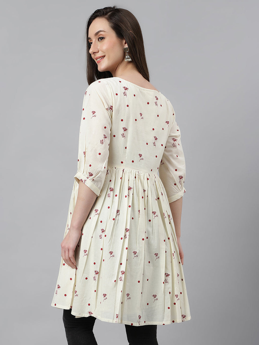 Janasya Women's Off White Cambric Cotton Botanical Print Flared Tunic