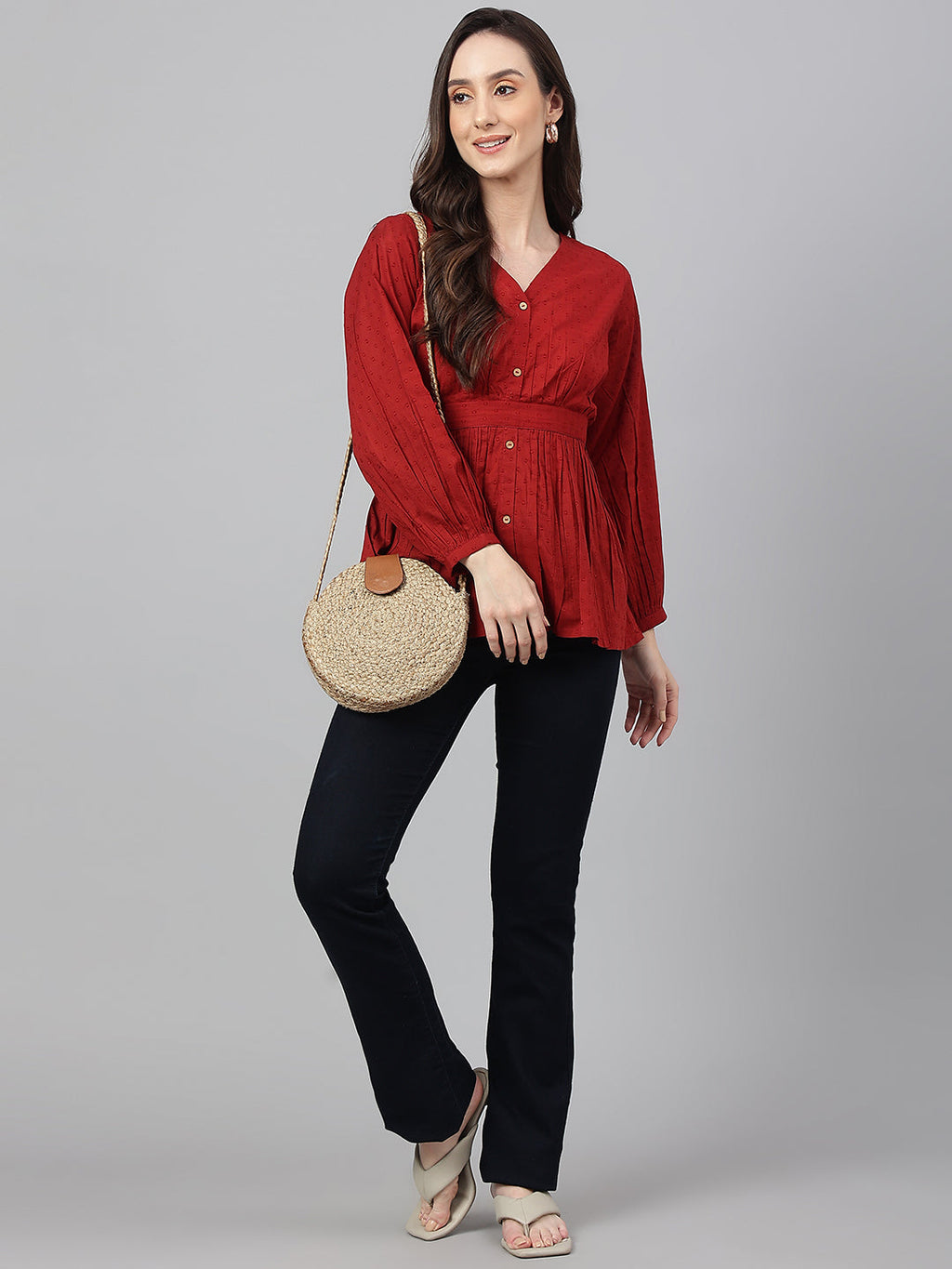 Janasya Women's Maroon Dobby Cotton Solid Peplum Top