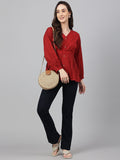 Janasya Women's Maroon Dobby Cotton Solid Peplum Top